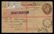1936 use of 5d Registration Envelopes BW: RE28B from Sydney to same addressee in Newcastle (4), all but one uprated with KGV 1d green, each with 'LETTER' scored through & "PACKET" added in manuscript, all with 'COMPENSATION' handstamps in violet (2) or re - 4