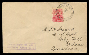 1941 (Nov.15) Sheard cover with NSW 1d Shield 'GSB' perfin (Government Saving Bank) tied by superb strike of 'RAAF P.O. EVANS HEAD/NSW AUST' datestamp, boxed 'DEPARTMENT OF AIR/CONCESSION POSTAGE RATE' handstamp in violet, addressed, in Sheard's hand, to City Hall, Brisbane, very fine condition.
