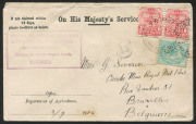 NEW SOUTH WALES - Postal History: 1912 (Sept.3) Department of Agriculture OHMS cover to Belgium with perf 'OS/NSW' 1d Shield pair & &frac12;d QV tied by THE EXCHANGE&nbsp;cds's, boxed 'ENTOMOLOGICAL BRANCH' handstamp on face, on reverse BRUSSELS arrival datestamp, fi