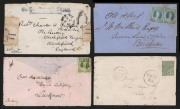 QUEENSLAND - Postal History: 1866-89 cover selection comprising 1866 (Apr.6) to Brisbane with 2d Chalon pair tied by Rays '214' (Toowoomba) paying double the 2d inland letter rate, TOOWOOMBA & BRISBANE backstamps; 1866 (Jul.9) Maryvale to Lucknow (India) 