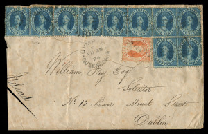 QUEENSLAND - Postal History: 1874 (Aug.23) cover to Ireland with impressive 1/9d franking comprising of Chalons 2d (10), incl.strip of 6, plus 1d single all tied by Rays '96' canceller with fine GYMPIE 'AU25/74' datestamp alongside, on reverse BRISBANE & H&K PACT transit datestamps; cover a tad reduced at left with small internal tear.
