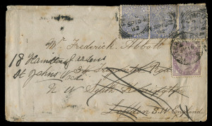 QUEENSLAND - Postal History: 1882 cover to London with First Sidefaces 2d strip of 3 cancelled on arrival in England with PLYMOUTH 'SP15/82' squared-circle datestamp, GB 1d lilac added and tied by WEST BROMPTON datestamp for re-direction to St Johns Wood.