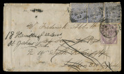 QUEENSLAND - Postal History: 1882&nbsp;cover to London with First Sidefaces 2d strip of 3 cancelled on arrival in England with PLYMOUTH 'SP15/82' squared-circle datestamp, GB 1d lilac added and tied by WEST BROMPTON datestamp for re-direction to St Johns Wood.