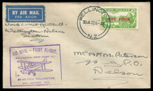 NEW ZEALAND - Aerophilately & Flight Covers: 1932 (Jan.20) West Coast (South Island) Survey Flight by Air Travel (in conjunction with the New Zealand Air League) set of 12 flown covers with three each for flight departing Wellington (purple cachet), Nelso