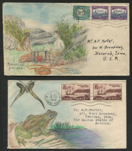 SOUTH AFRICA - Postal History: 1949-51 group of five hand-illustrated covers from Cape Town to USA, one taxed, attractively & colourfully illustrated showing native wildlife/savanna scenes, typed addresses.