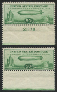 UNITED STATES OF AMERICA: AIRMAILS: 1933 (Scott C18) 50c Century of Progress, marginal singles, (2), one with Plate No. MUH. Cat.US$180+.