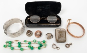 An antique Australian 15ct gold bangle in poor condition (15 grams), together with assorted costume jewellery, vesta, spectacles, and silver fittings, (qty)