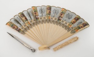 A Chinese carved ivory needle case, ivorine pocket fan and a silver plated pocket pencil, 19th and 20th century, (3 items), ​​​​​​​the needle case 8cm high