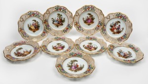 DRESDEN set of nine antique German pierced porcelain cabinet plates by HELENA WOLFSOHN, late 19th century, blue factory mark to base, ​​​​​​​21cm wide