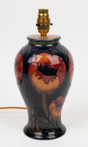 MOORCROFT "Poppy" pattern English pottery lamp base (vase conversion), impressed "Moorcroft, Made In England" with blue signature mark, 30cm high overall