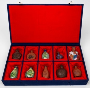 Group of ten assorted Chinese snuff bottles housed in a red and blue silk lined box, 20th century, the largest 8cm high
