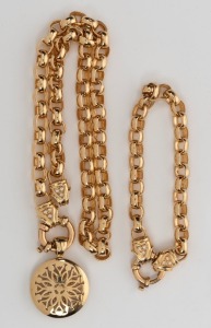 A 10ct yellow gold Belcher chain necklace and circular 10ct gold pendant, both set with brilliant cut white diamonds, together with a matching 10ct yellow gold and diamond bracelet, (3 items), the chain 45cm long, 64 grams total