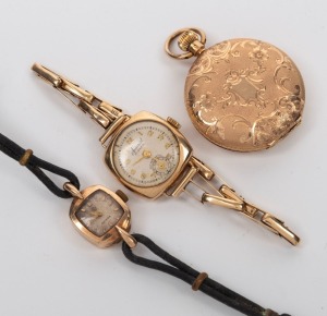 An antique 14ct gold full hunter lady's pocket watch, together with two vintage gold cased lady's wristwatches, 19th/20th century, (3 items), the fob watch 4.5cm high overall