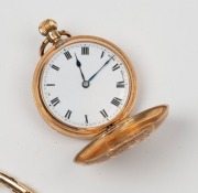 An antique 14ct gold full hunter lady's pocket watch, together with two vintage gold cased lady's wristwatches, 19th/20th century, (3 items), ​​​​​​​the fob watch 4.5cm high overall - 2