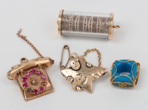 A 9ct gold and ruby telephone pendant, a 9ct gold star brooch, a gold mounted blue glass bead, and a 9ct gold mounted glass cylinder pendant with $100 bank note fragment, (4 items), the telephone and star brooch, 11.2 grams total