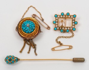 An antique yellow gold and turquoise stickpin, an antique 9ct gold, seed pearl and turquoise brooch, plus an antique pinchbeck and turquoise brooch with tassel fringe, 19th/20th century, (3 items), the pin 7cm long, the gold brooch and pin 4.6 grams total