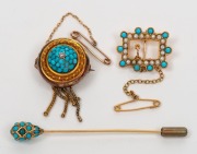 An antique&nbsp;yellow gold and turquoise stickpin, an antique 9ct gold, seed pearl and turquoise brooch, plus an antique pinchbeck&nbsp;and turquoise brooch with tassel fringe, 19th/20th century, (3 items), the pin 7cm long, the gold brooch and pin 4.6 grams total