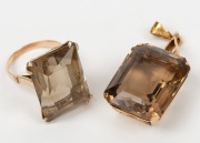 A vintage 9ct gold and large topaz ring together with a 9ct gold and topaz pendant, (2 items), the pendant 4.5cm high overall, 18.2 grams total