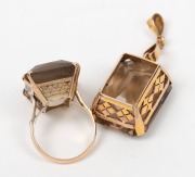 A vintage 9ct gold and large topaz ring together with a 9ct gold and topaz pendant, (2 items), the pendant 4.5cm high overall, 18.2 grams total - 2