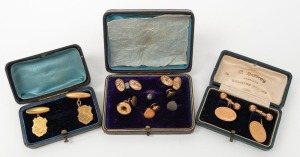 Three pairs of antique gold cufflinks and assorted gold studs, housed in three plush boxes, 19th/20th century, 15 grams total