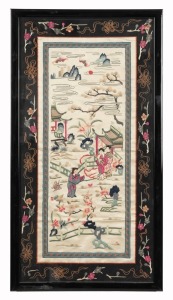A pair of Chinese silk embroidered panels, early 20th century, ​​​​​​​71 x 38cm each overall