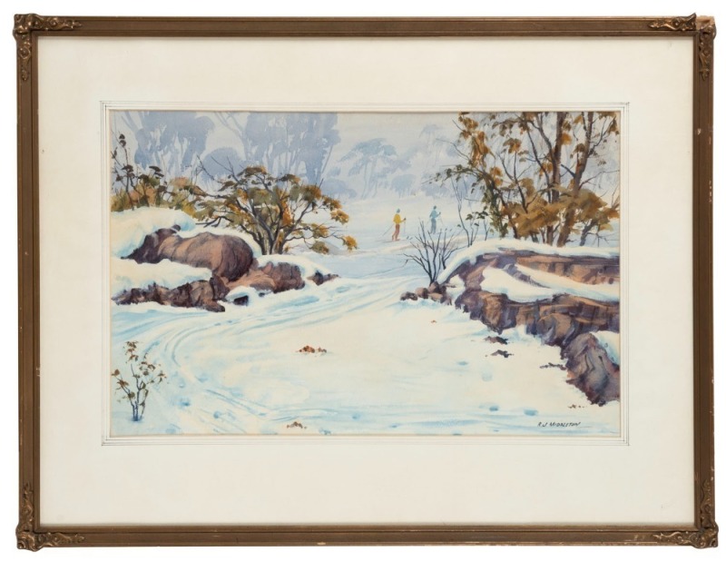 R.J. MIDDLETON, (snow scene), watercolour, signed lower right "R.J. Middleton", 35 x 54cm, 54 x 75cm overall