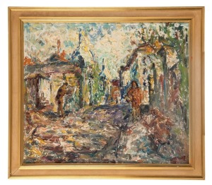 ARTIST UNKNOWN, street scene, oil on canvas, gallery label verso, 59 x 69cm, 73 x 82cm overall