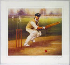 DON BRADMAN, print "Boundary Bound - Sir Donald Bradman" by d'Arcy Doyle, signed by the artist, limited edition 1228/1500, framed & glazed, overall 73x69cm.