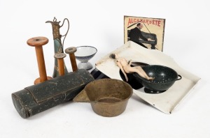 Vintage cotton reels, enamel ware, Art Deco doll, Art Nouveau ewer, vintage automotive tool box and a reproduction sign, 20th century, (11 items), the ewer 40cm high.