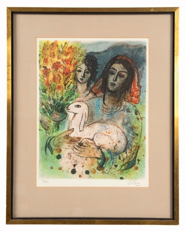 REUVEN RUBIN (1893-1974, Roumania, Israel), David and Abigail with a lamb, lithograph in colours on Arches paper, circa 1970, numbered 153/200 and signed in pencil lower right, 47 x 35cm, 67.5 x 53.5cm overall.