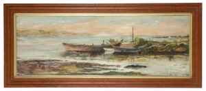 ARTIST UNKNOWN, (fishing boats coastal scene), oil on board, ​​​​​​​31 x 90cm, 45 x 103cm overall