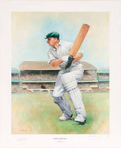 DON BRADMAN, print "Sir Donald Bradman" by Alan Fearnley (Bradman wearing Australian cap with SCG in background), signed by Don Bradman & the artist, limited edition 410/850, framed & glazed, overall 47x57cm.