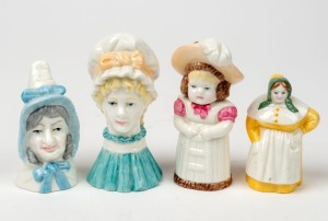 ROYAL WORCESTER group of four assorted figural porcelain candle snuffs, 20th century, all bearing black factory mark, ​​​​​​​the largest 9cm high
