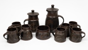 BERNARD LEACH St. Ives ten piece pottery tea/coffee set, comprising two lidded pots, milk jug, sugar bowl and six mugs, impressed with potter's monogram, the largest 22cm high