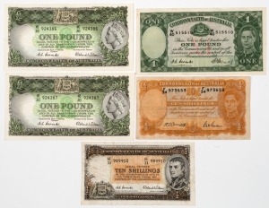 1942 10/- Armitage/McFarlane (R13); 1954 10/- Coombs/Wilson (R16); 1949 £1 Coombs/Watt (R31); 1953 £1 Coombs/Wlilson (R33) consecutive pair. (Total: 5 notes); mixed condition.