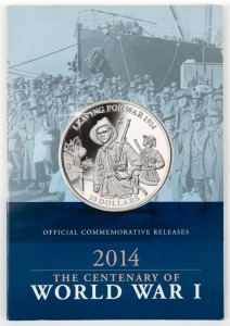 2014 Macquarie Mint "The Centenary of World War 1" folder containing a 2g gold "HMAS Sydney" piece, a Kiribati $10 "Leaving for War" and a Kiribati $10 "Preparing for Battle", both in silver.