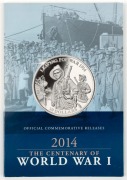 2014&nbsp;Macquarie Mint "The Centenary of World War 1" folder containing a 2g gold "HMAS Sydney" piece, a Kiribati $10 "Leaving for War" and a Kiribati $10 "Preparing for Battle", both in silver.