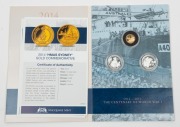 2014&nbsp;Macquarie Mint "The Centenary of World War 1" folder containing a 2g gold "HMAS Sydney" piece, a Kiribati $10 "Leaving for War" and a Kiribati $10 "Preparing for Battle", both in silver. - 2