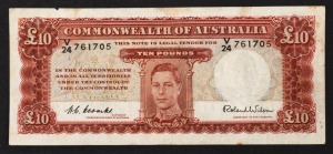 TEN POUNDS, (R.61L) Coombs/Wilson, (1952) V/24 761705 last serial prefix. VG; small nick in top margin.
