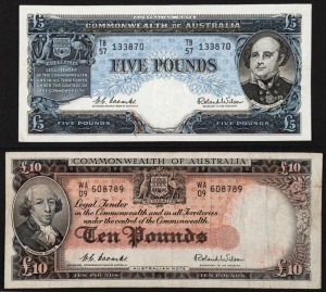 1960 £5 Coombs/Wilson (R50) and 1954 £10 Coombs/Wilson (R62), VG. (2).