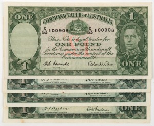 ONE POUND, (R.29) Sheehan/McFarlane (1938) three banknotes; plus (R32) Coombs/Wilson (1952) one banknote, F/VF. (Total: 4).