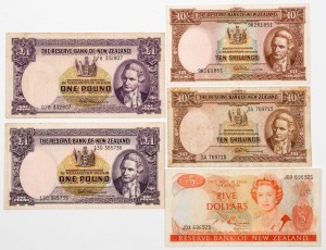 1956 10/- & £1 banknotes (Fleming) with and without security thread, plus 1985 $5 (Russell), mixed condition. (5).