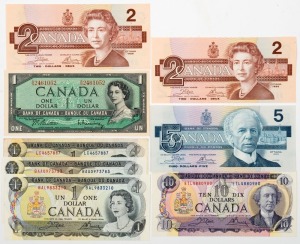 1961 One Dollar (Beattie-Rasminsky) Unc; 1973 $1; 1973 $1 (Crow-Bouey) (2, Unc.); 1986 $2 (Crow-Bouey) (2, Unc.); 1986 $5 (Crow-Bouey) Unc; and 1971 $10 (Crow-Bouey) Unc. (Total: 8 banknotes).