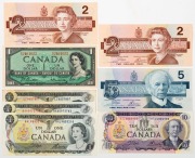 1961 One Dollar (Beattie-Rasminsky) Unc; 1973 $1; 1973 $1 (Crow-Bouey) (2, Unc.); 1986 $2 (Crow-Bouey) (2, Unc.); 1986 $5 (Crow-Bouey) Unc; and 1971 $10 (Crow-Bouey) Unc. (Total: 8 banknotes).