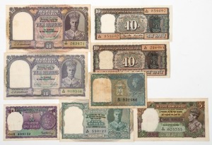 INDIA: George VI period 1 Rupee (1), 5 Rupees (2), and 10 Rupees (2) plus 3 later Reserve Bank of India banknotes; mixed condition. (Total: 8).