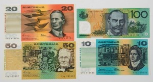 1985 TEN DOLLARS Johnston/Fraser (R.309); 1989 TWENTY DOLLARS Phillips/Fraser (R.411); 1989 FIFTY DOLLARS Phillips/Fraser (R.511) and 2014 ONE HUNDRED DOLLARS Stevens/Parkinson (R.622b), all superb Uncirculated. (4).