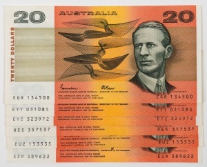 TWENTY DOLLARS, Johnston/Fraser (1985) (R.409a) EF (2); plus Fraser/Higgins (1989) (R.411) EF/aUnc (4). (Total: 6).