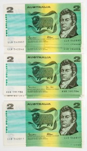 TWO DOLLARS, Johnston/Stone (1983) (R.88) Unc. (6); plus Johnston/Fraser (1985) (R.89) all aUnc but with centre bends, (20, in consecutive runs of 10). (Total: 26).