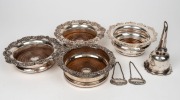 Antique silver plated wine funnel, four assorted wine bottle coasters and a pair of sterling silver decanter labels, 19th/20th century, (7 items), the funnel 15cm high - 2