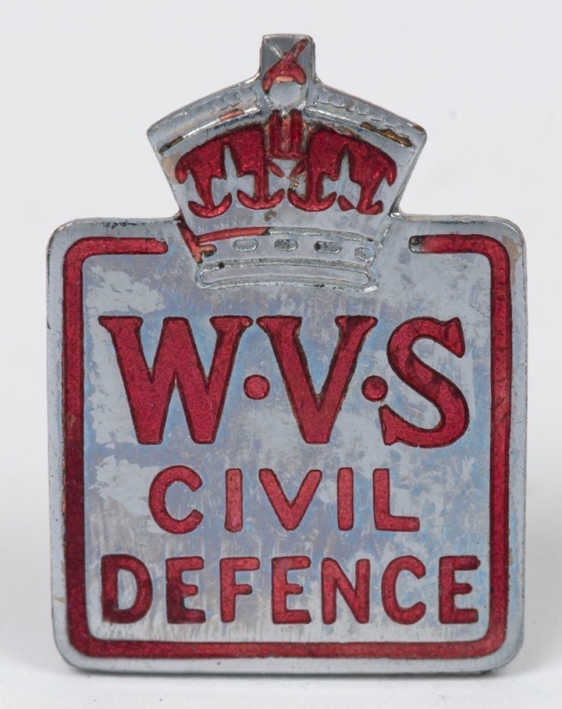 "W.V.S. CIVIL DEFENCE", fine WWII Women's Voluntary Service badge by L. Simpson & Co. of London, circa 1940.